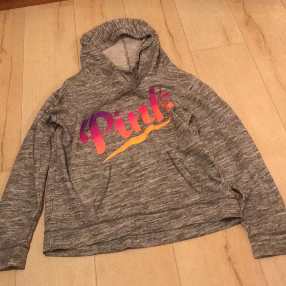 Grey PINK Hoodie with Colored Writing